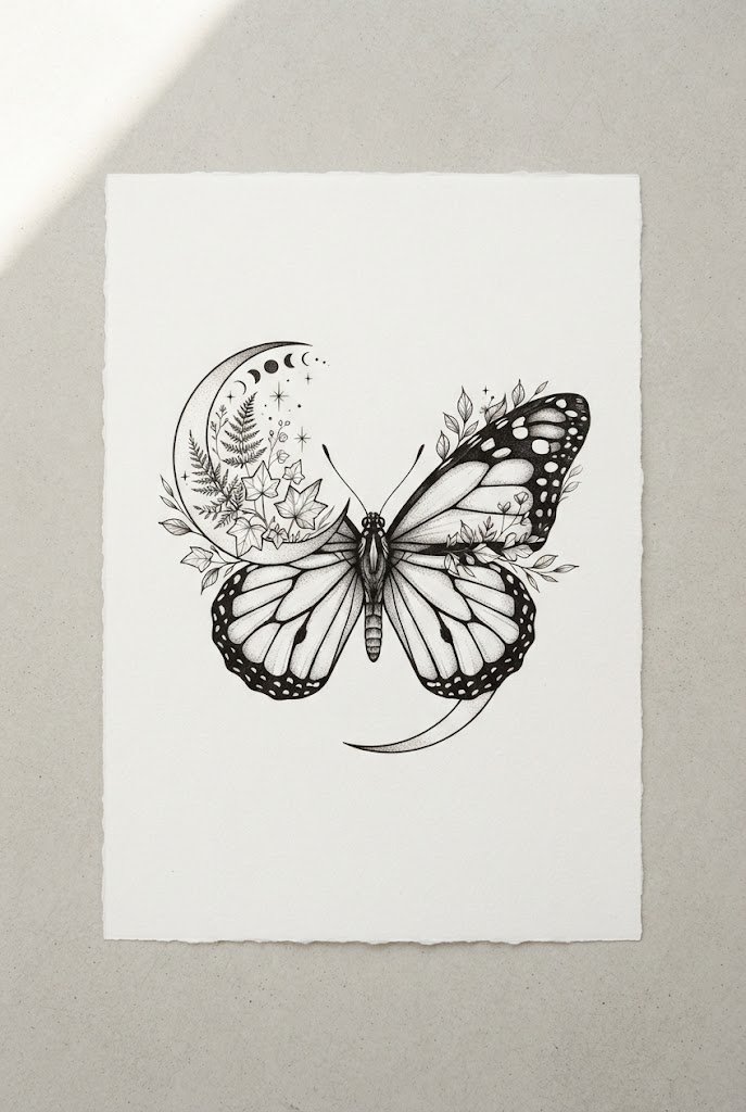Delicate Botanical Moon Hybrid — monarch butterfly tattoo stencil style outfit