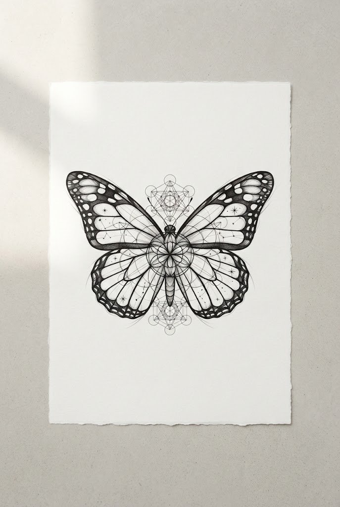 Geometric Sacred Symmetry — monarch butterfly tattoo stencil style outfit