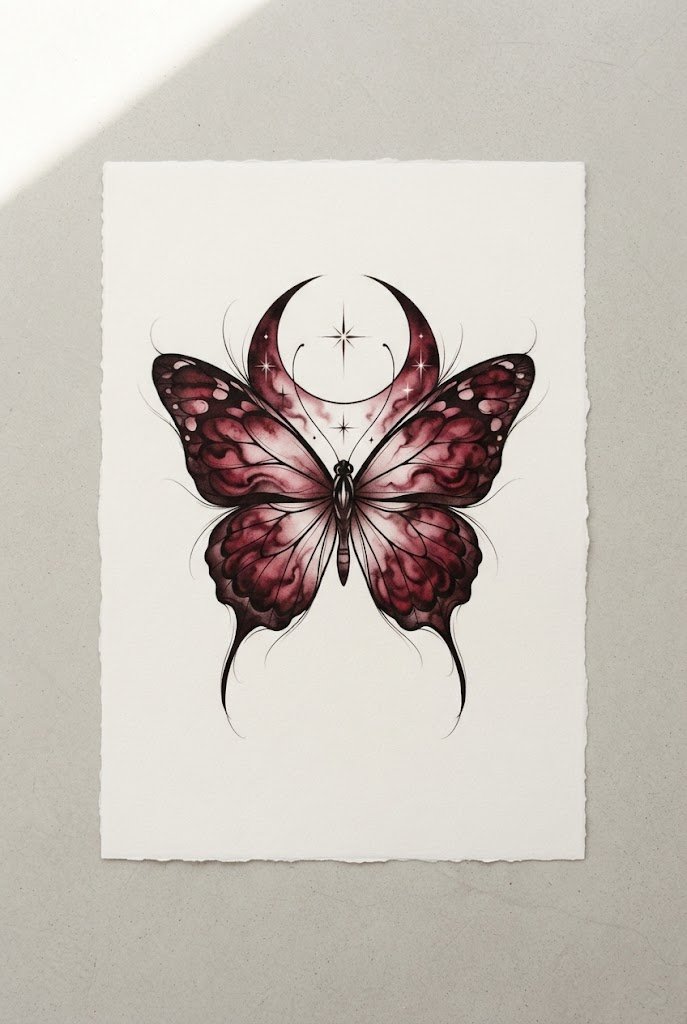 Smoldering Crimson Lunar Blend — monarch butterfly tattoo stencil style outfit