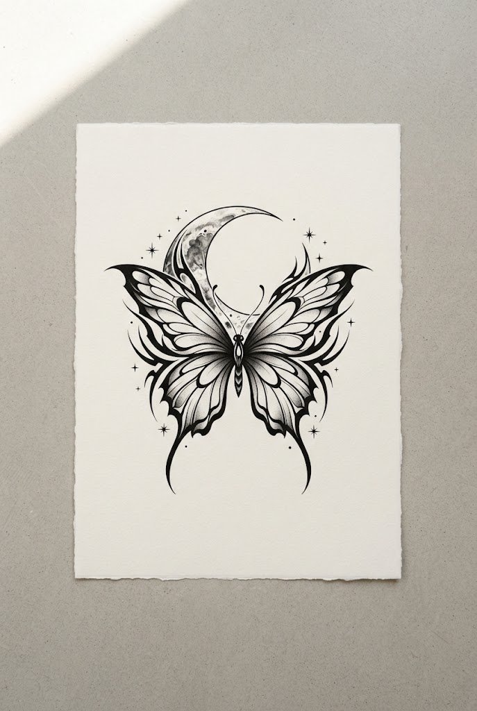 Bold Tribal-Edge Night Fusion — moon and butterfly tattoo style outfit