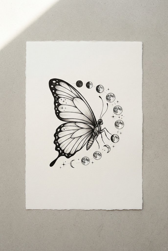 Celestial Full-Phase Integration — moon and butterfly tattoo style outfit