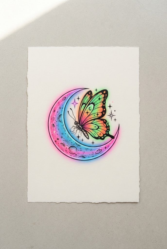 Vibrant Y2K Celestial Glow — moon and butterfly tattoo style outfit