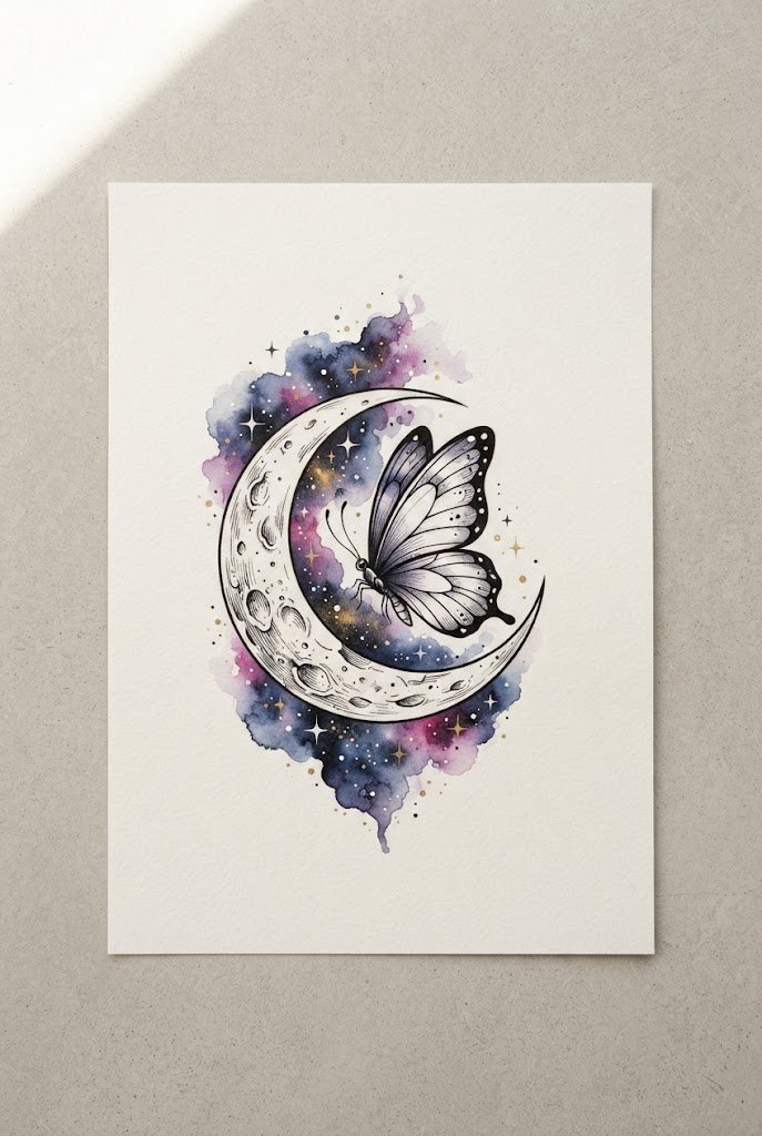 Whimsical Watercolor Night Sky — moon and butterfly tattoo style outfit