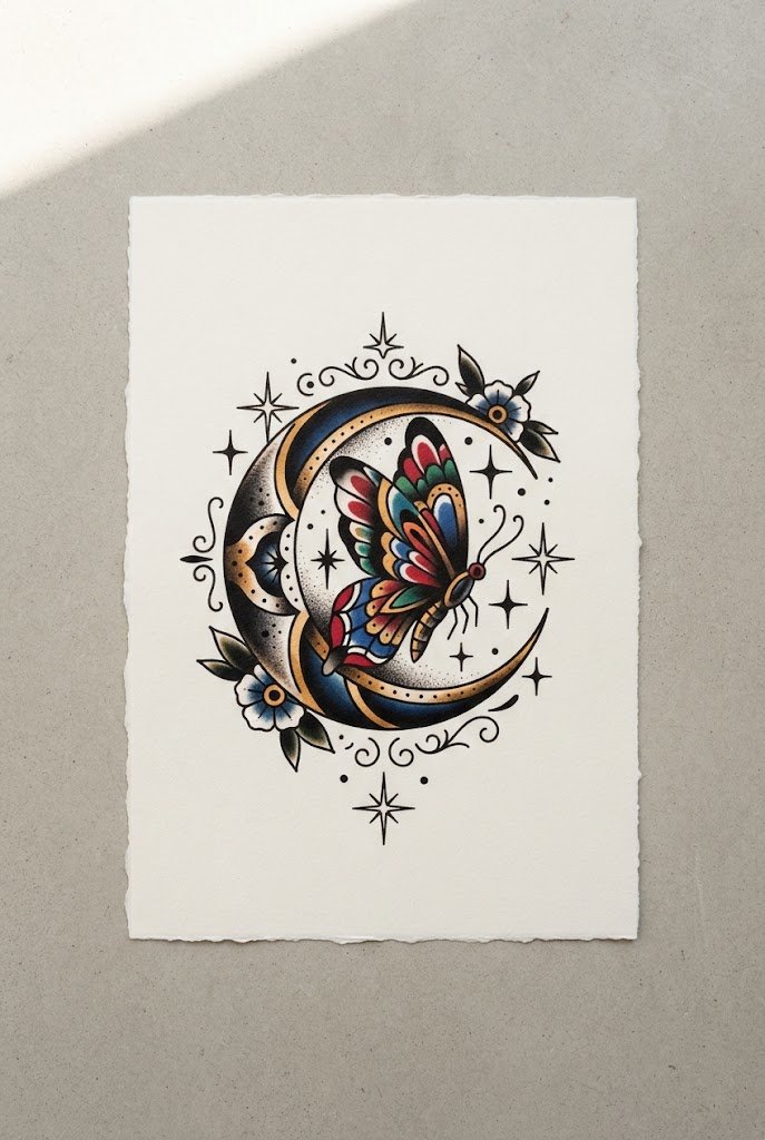 Traditional Old School Flash Night — moon and butterfly tattoo style outfit