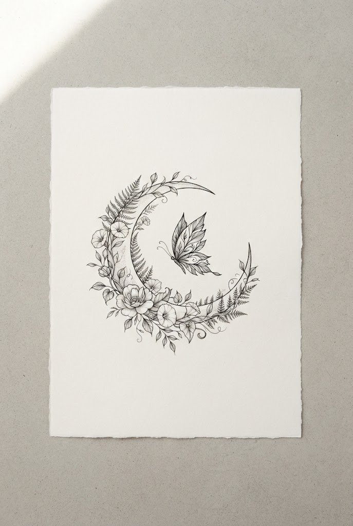 Delicate Botanical Moon Hybrid — moon and butterfly tattoo style outfit