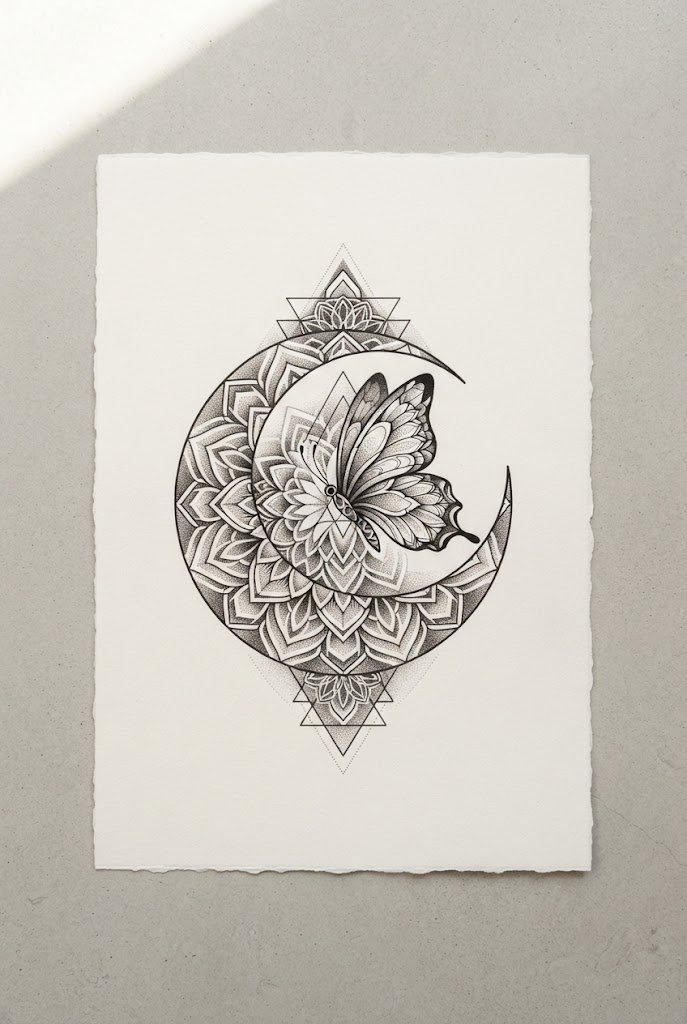 Geometric Sacred Moon Symmetry — moon and butterfly tattoo style outfit