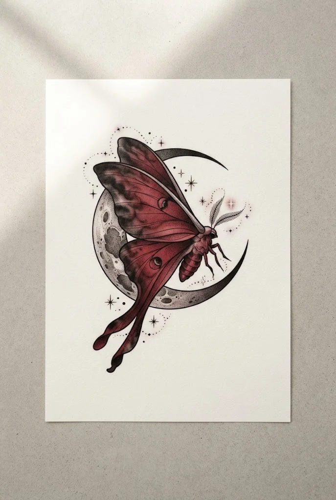 Smoldering Crimson Lunar Moth — moon and butterfly tattoo style outfit