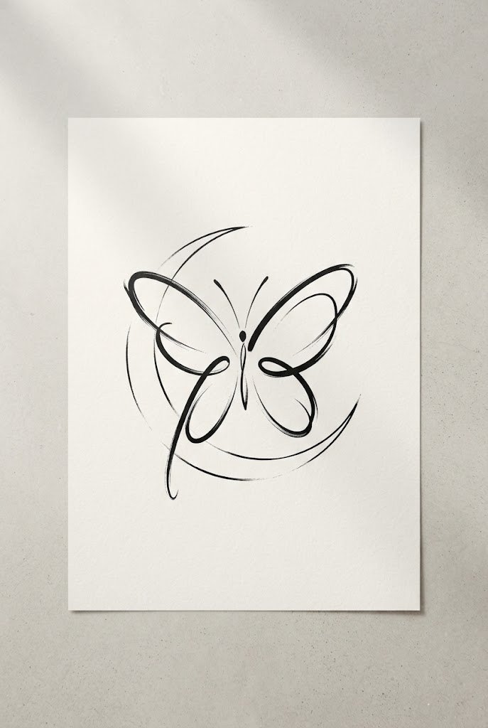 Abstract Minimalist Gestural Sky — moon and butterfly tattoo style outfit