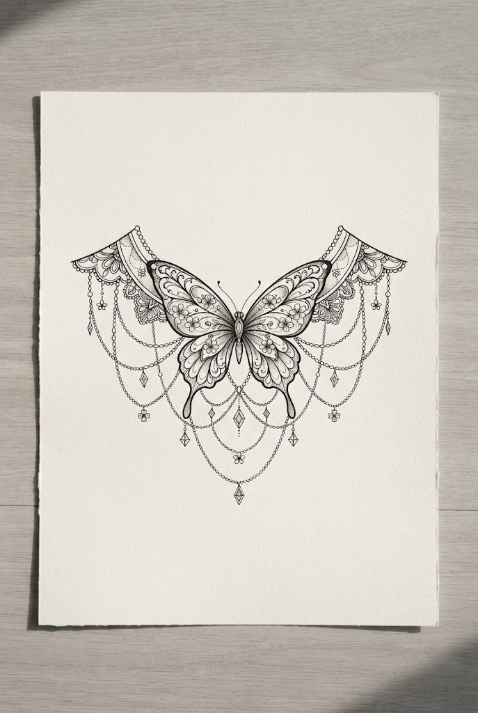 Fine-Line Stencil Flash Piece — neck tattoo butterfly style outfit