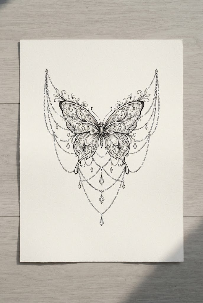Draped Chain and Gemstone Charm — neck tattoo butterfly style outfit