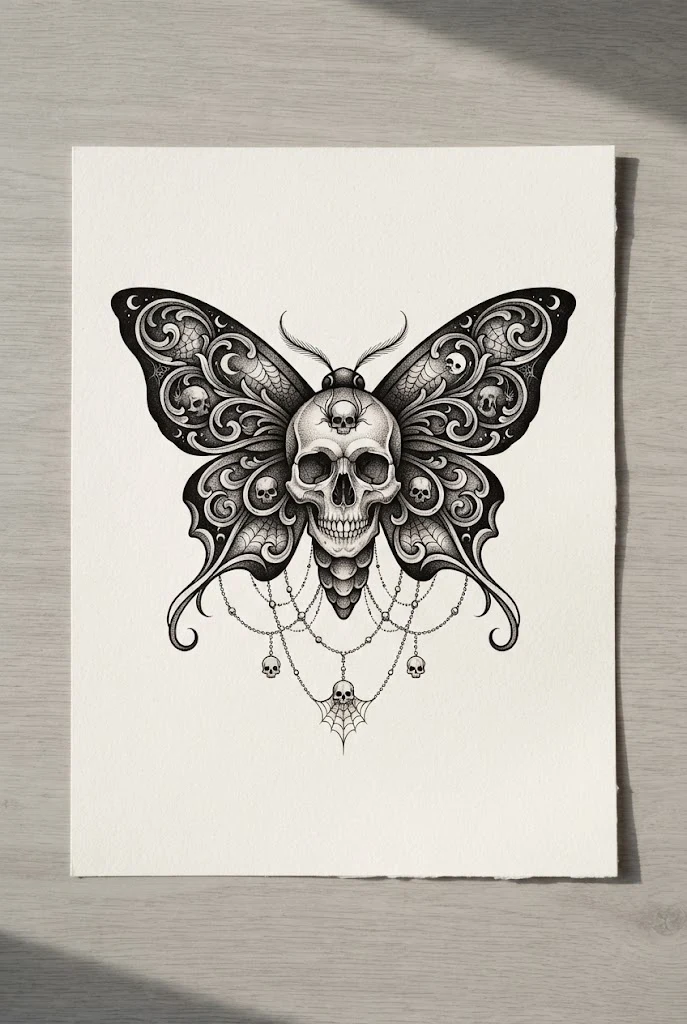 Gothic Skull and Moth Fusion — neck tattoo butterfly style outfit