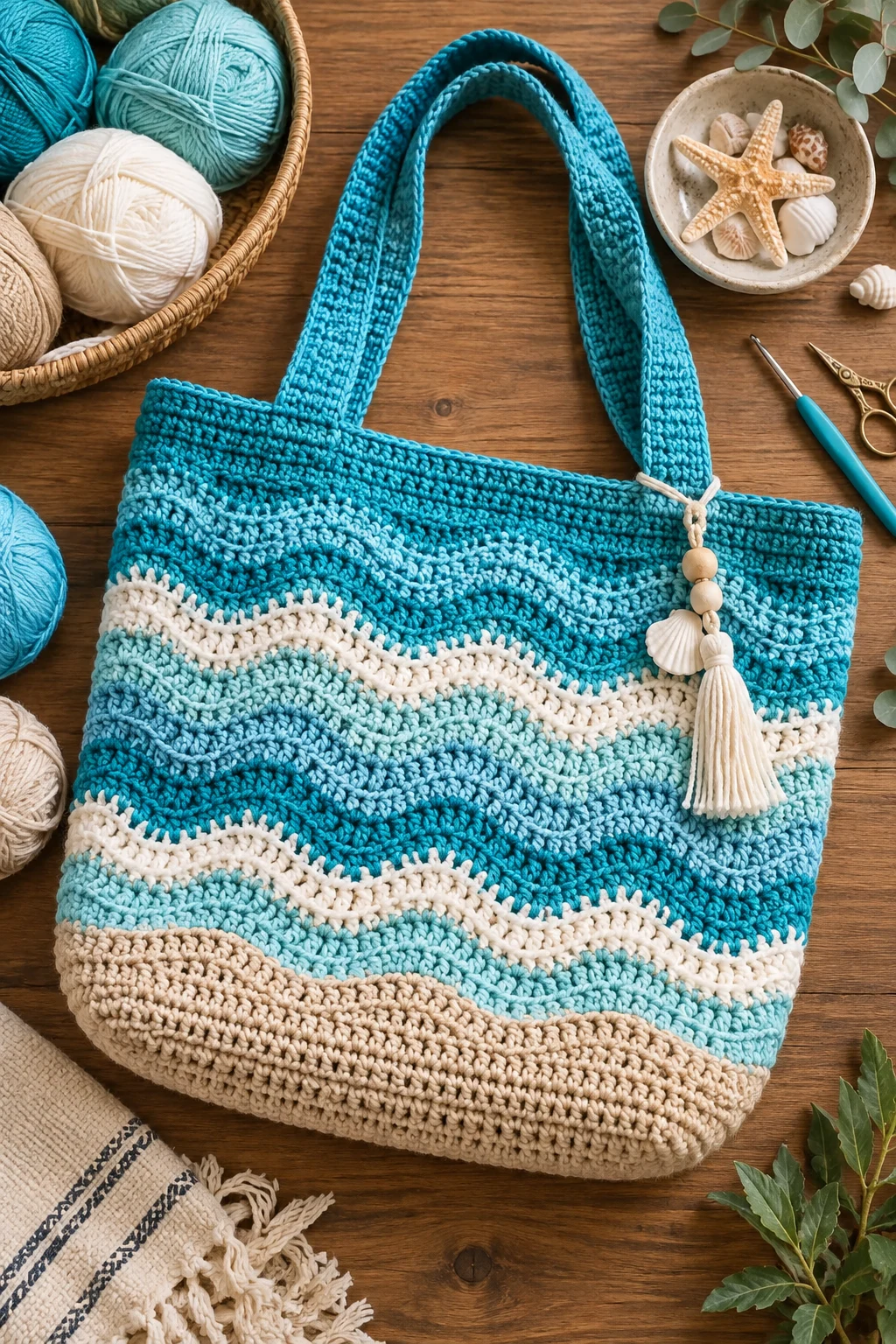 Turquoise Wave Tote — ocean crochet bag style outfit