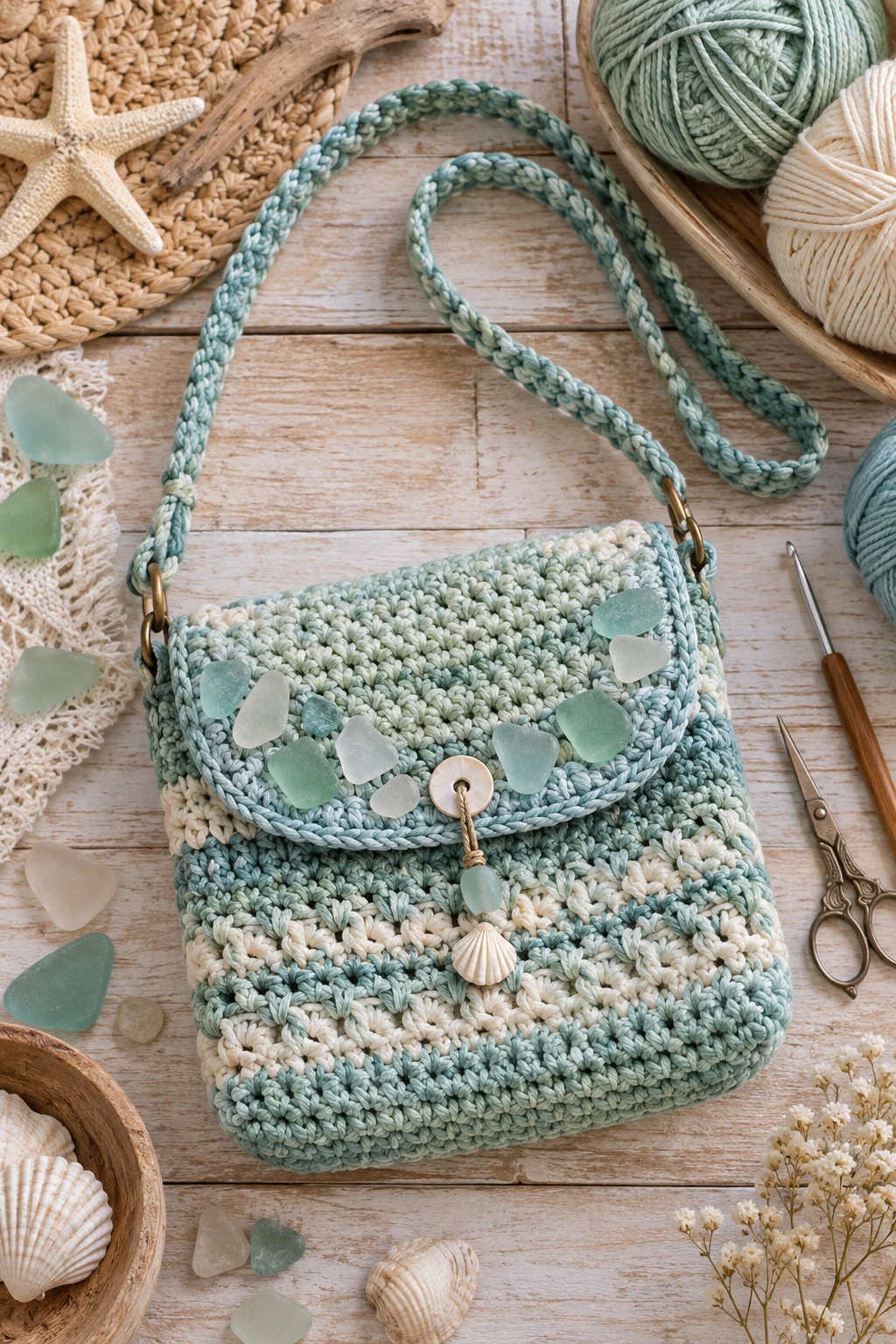 Sea Glass Crochet Crossbody — ocean crochet bag style outfit