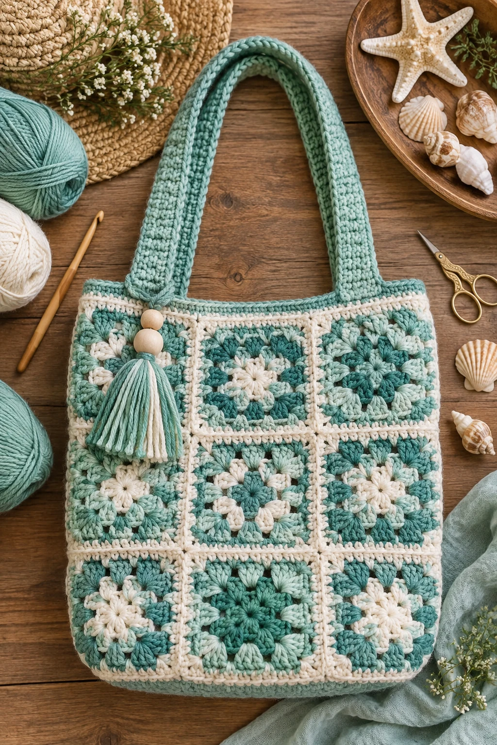 Seafoam Granny Square Bag — ocean crochet bag style outfit