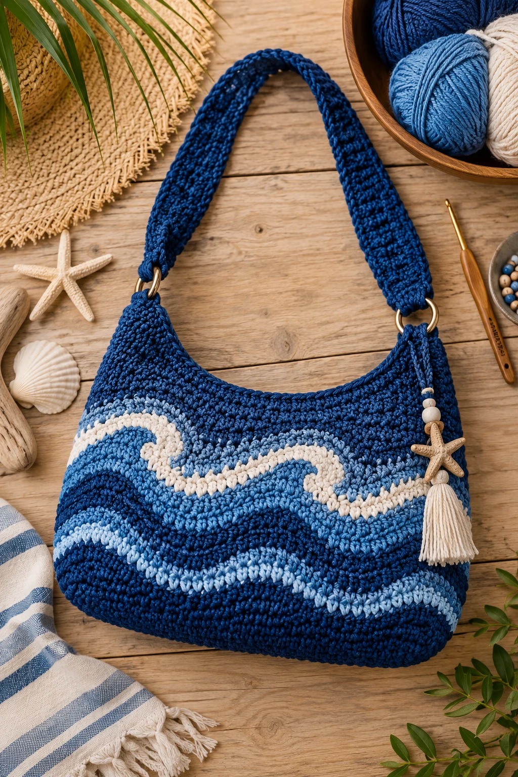 Deep-Blue Coastal Shoulder Bag — ocean crochet bag style outfit