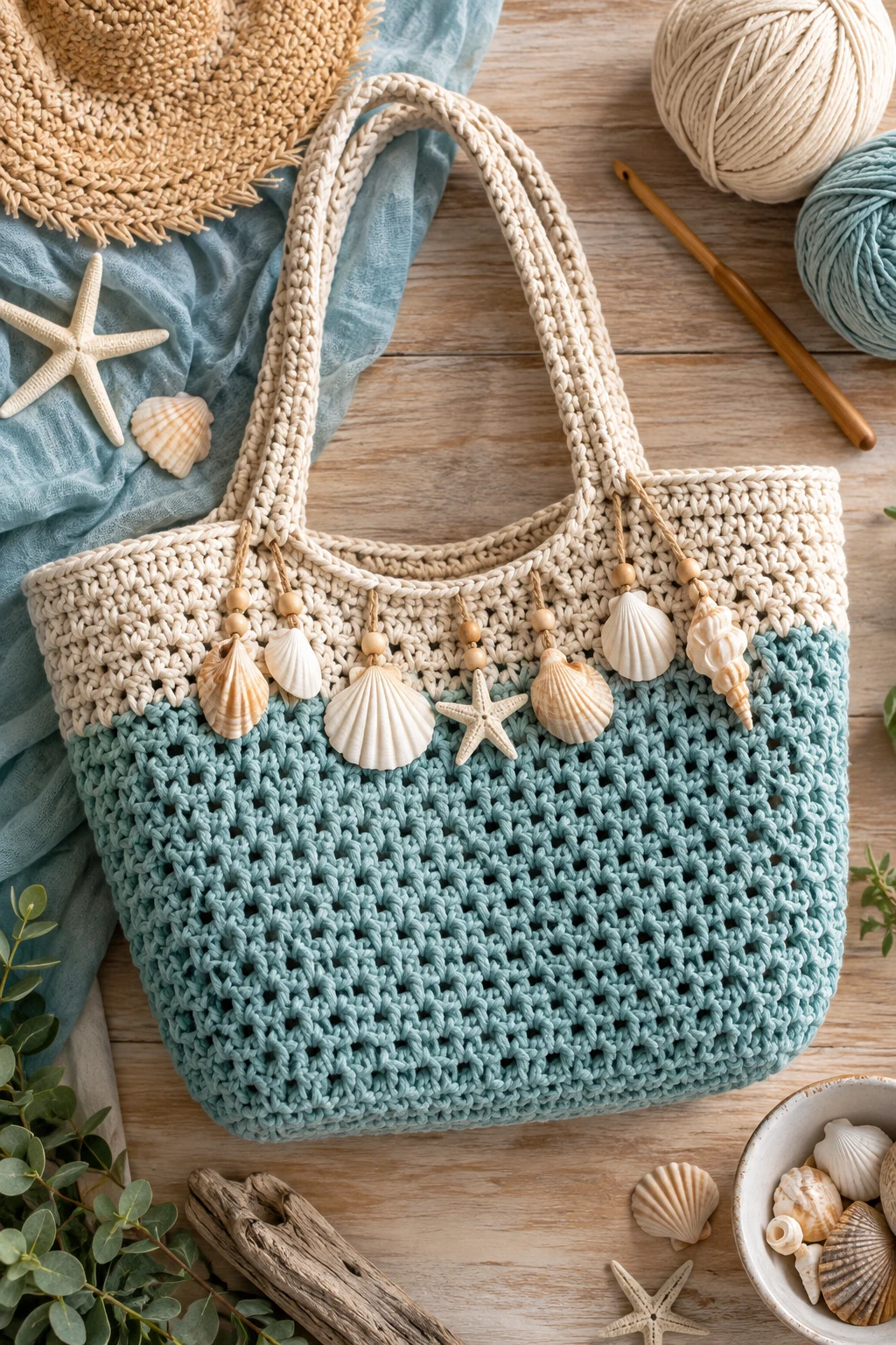 Shell-Detail Beach Bag — ocean crochet bag style outfit