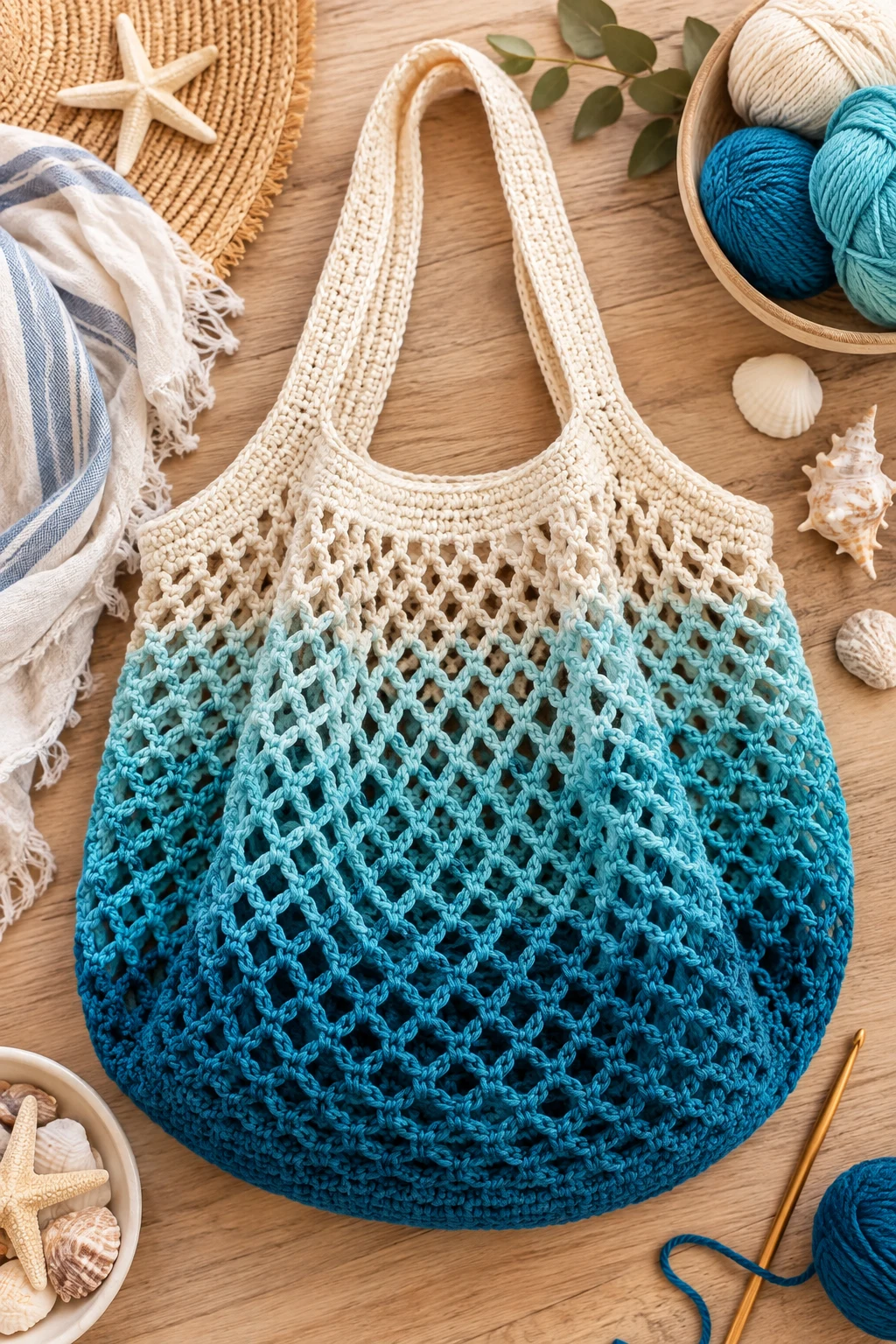 Ocean Mesh Market Tote — ocean crochet bag style outfit