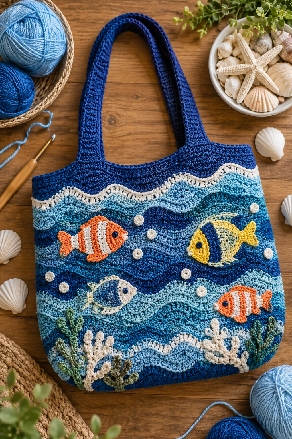 Ocean-Themed Crochet Bag With Fish Motifs — ocean crochet bag style outfit