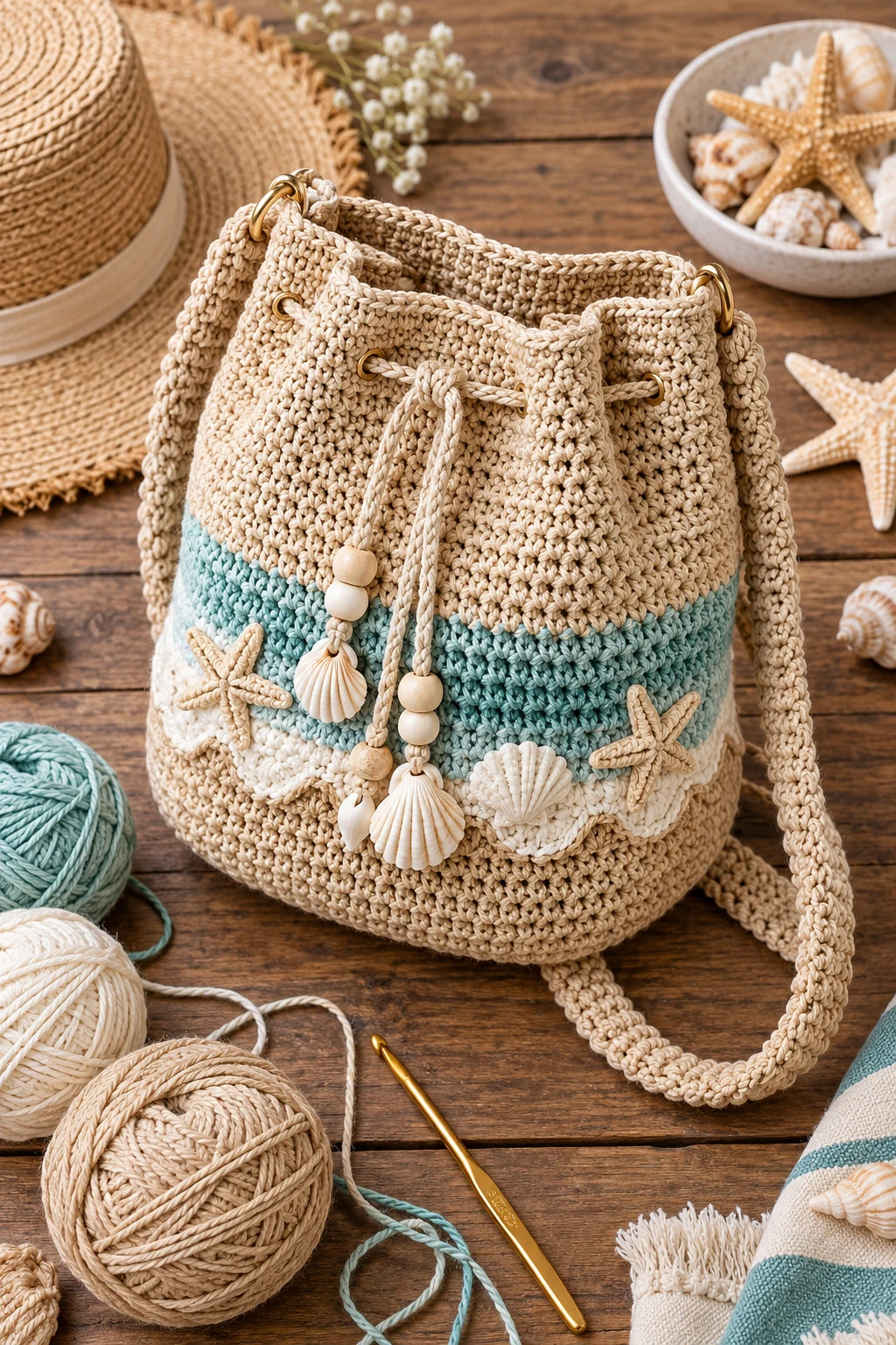 Sandy Beach Bucket Bag — ocean crochet bag style outfit
