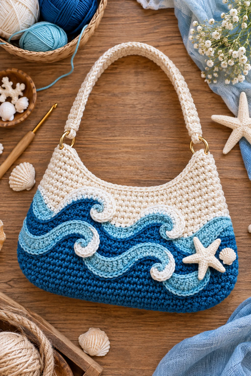 Wave Appliqué Crochet Purse — ocean crochet bag style outfit