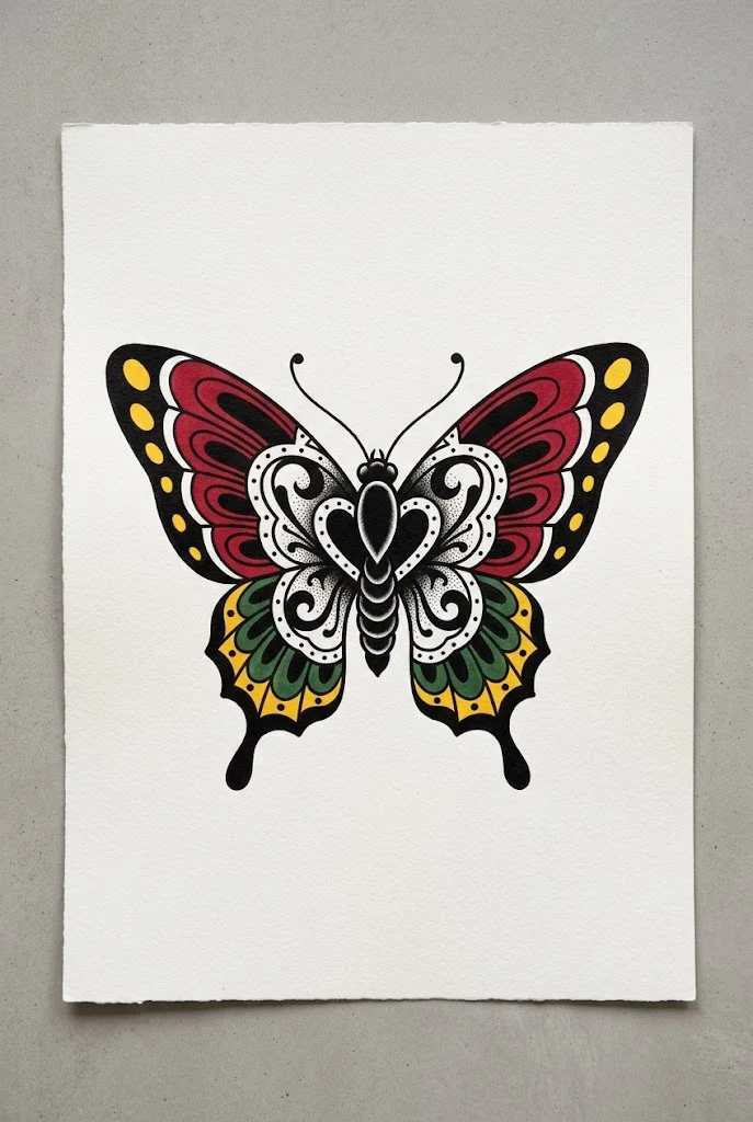 Classic American Traditional Bold Butterfly — old school butterfly tattoo style outfit