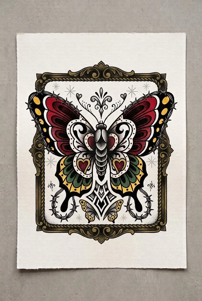 Frame-Enclosed Vintage Butterfly Flash Sheet Piece — old school butterfly tattoo style outfit