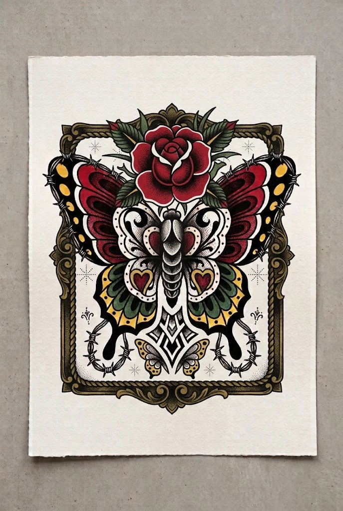 Rose and Butterfly Traditional Duo — old school butterfly tattoo style outfit