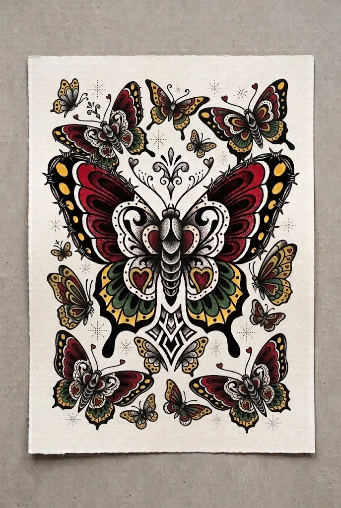 Flying Swarm Sleeve Filler Old Style Butterfly Tattoo — old school butterfly tattoo style outfit