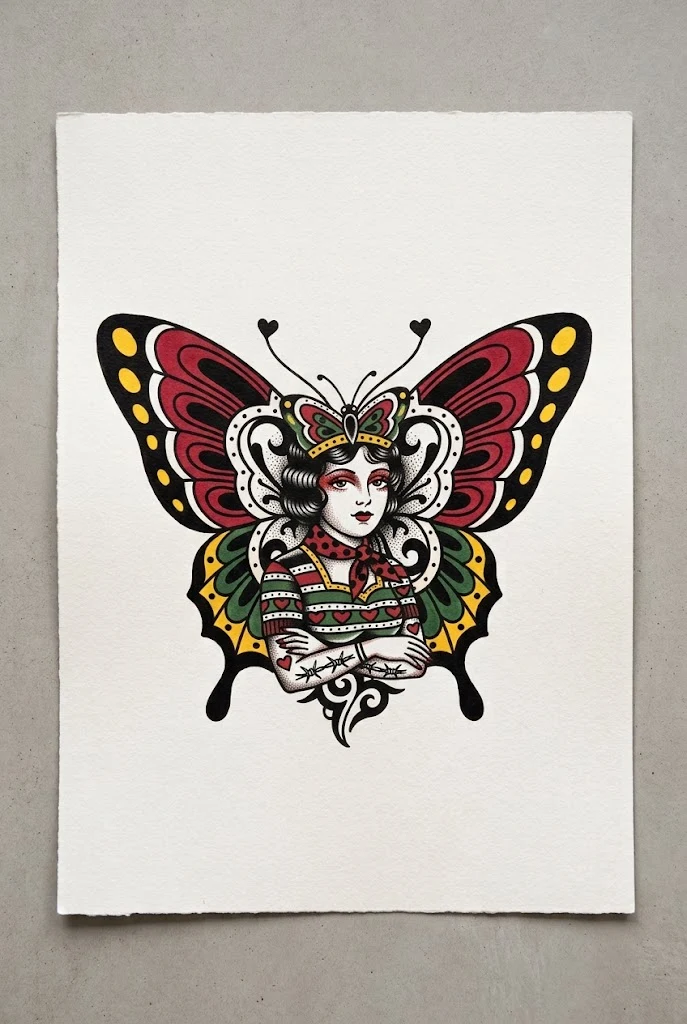 Old School Butterfly Lady Tattoo Fusion — old school butterfly tattoo style outfit