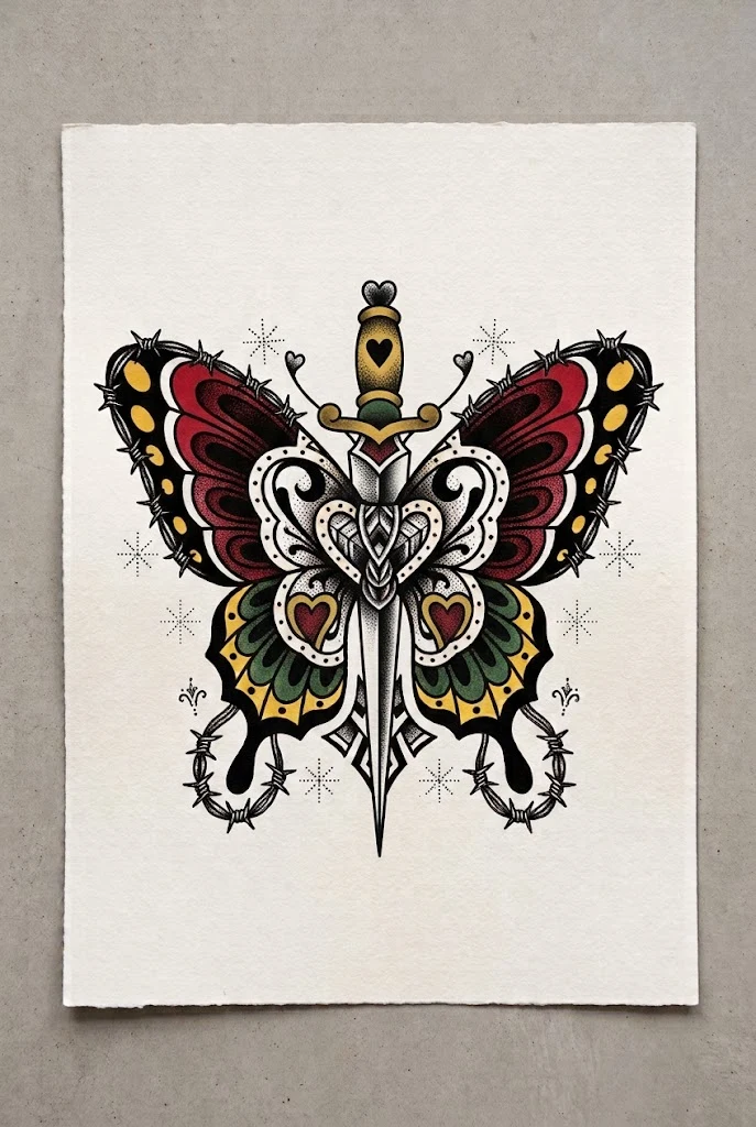 Dagger-Pierced Traditional Butterfly — old school butterfly tattoo style outfit