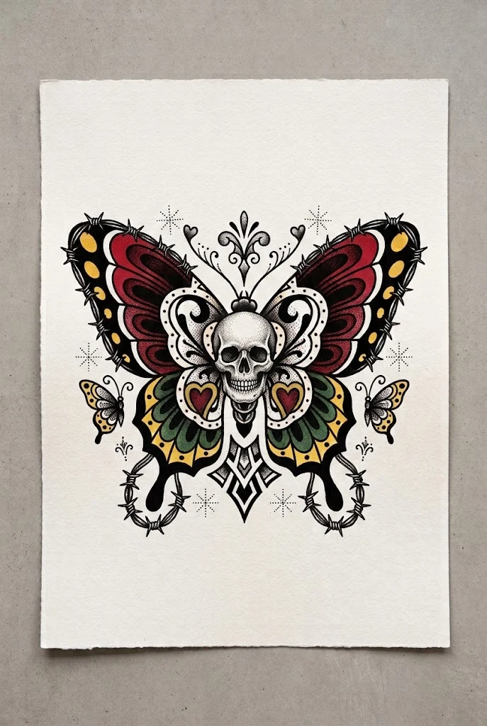 Death's Head Skull Butterfly Hybrid — old school butterfly tattoo style outfit