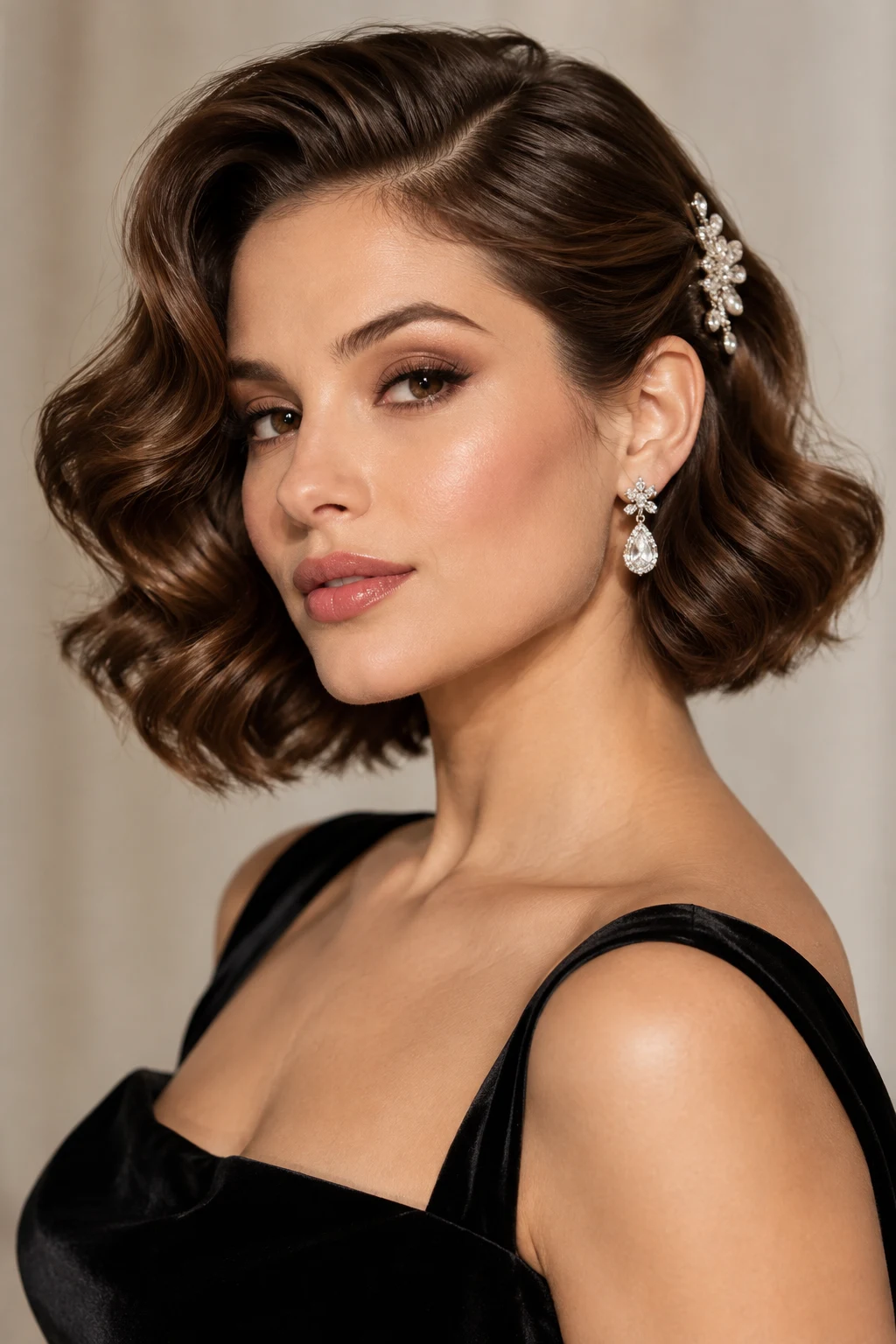 Glossy Hollywood Waves — party hairstyles for short hair style outfit