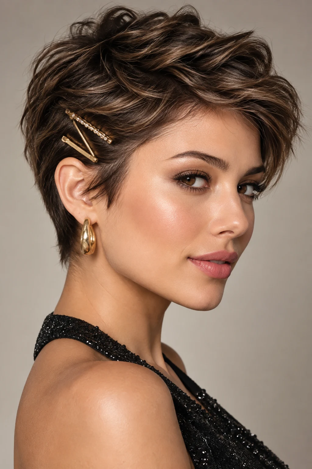 Textured Pixie With Gold Pins — party hairstyles for short hair style outfit