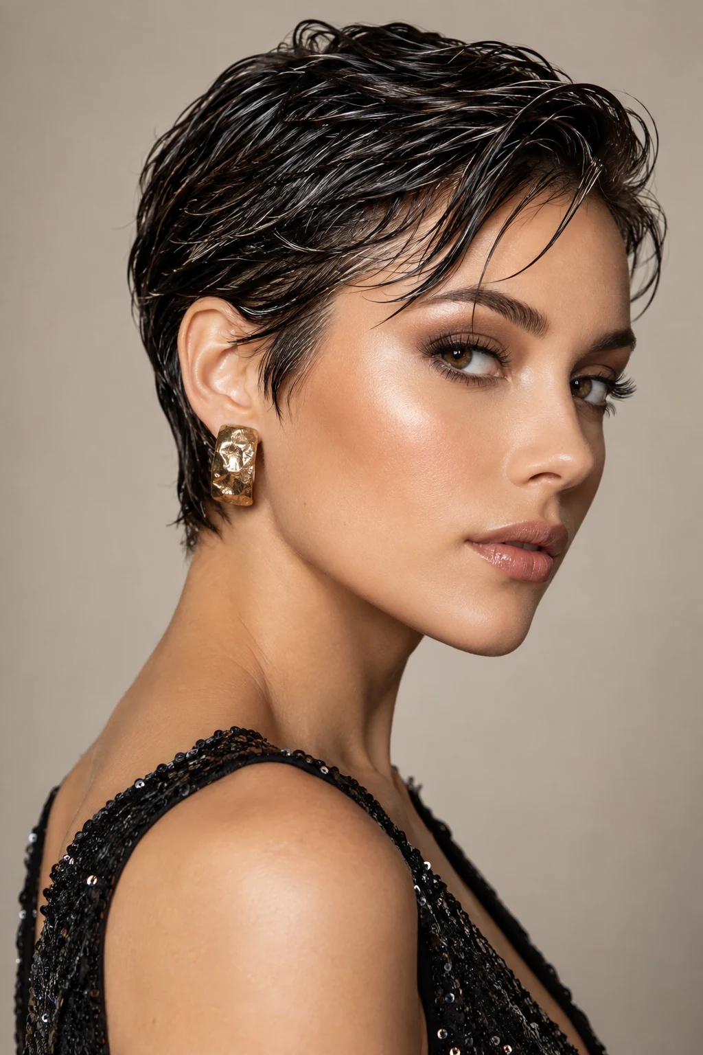 Sleek Wet-Look Pixie — party hairstyles for short hair style outfit