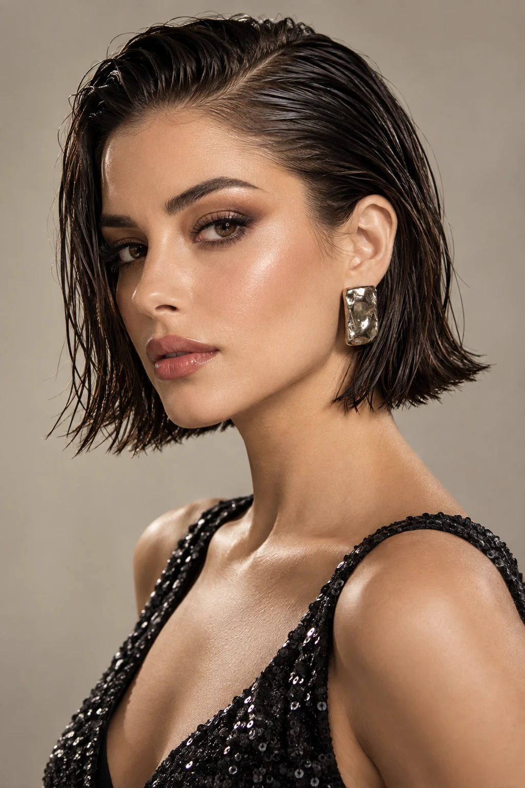 Sleek Wet-Look Bob — party hairstyles for short hair style outfit