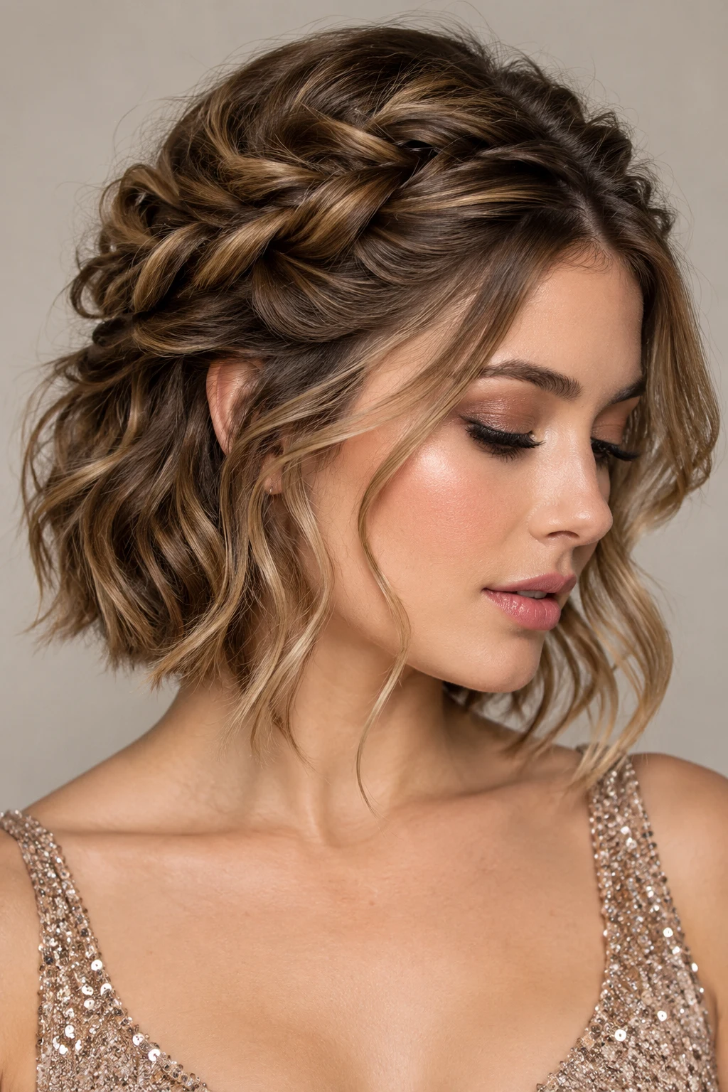 Twisted Crown With Loose Waves — party hairstyles for short hair style outfit