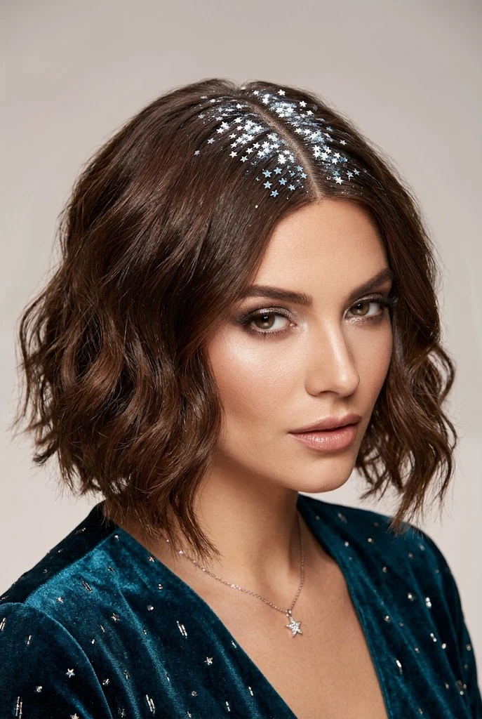 Celestial Glitter Parting — party hairstyles for short hair worn down style outfit