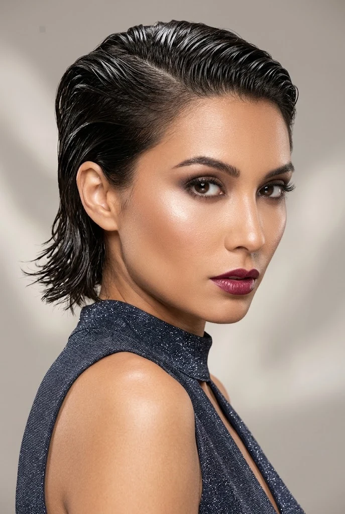 Wet-Look Slicked-Back Crop — party hairstyles for short hair worn down style outfit