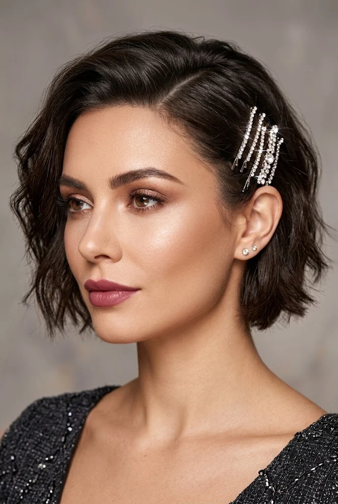 The Crystal-Pinned Side Tuck — party hairstyles for short hair worn down style outfit
