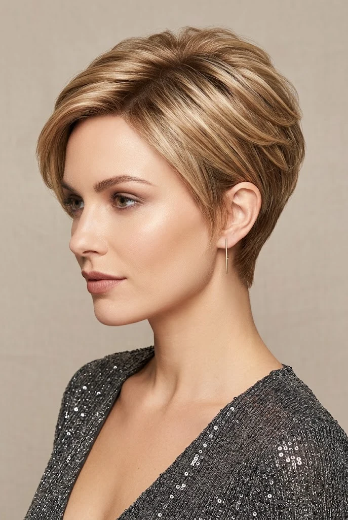 Micro-Bixie with Feathered Crown Volume — party hairstyles for short hair worn down style outfit