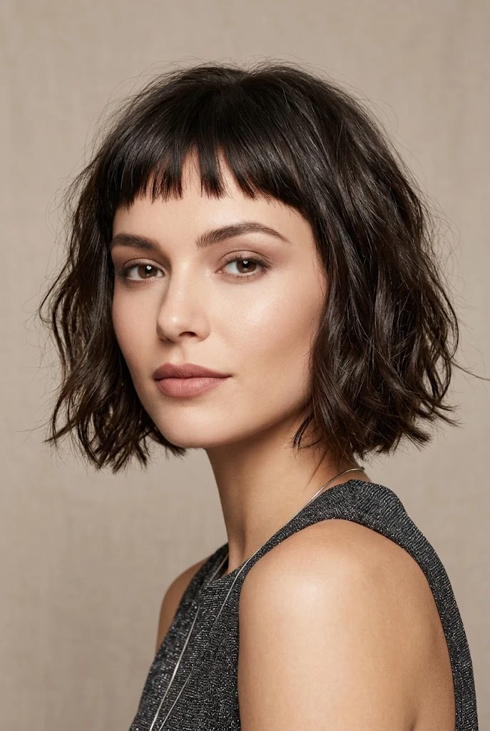 Textured French Bob with Micro Bangs — party hairstyles for short hair worn down style outfit