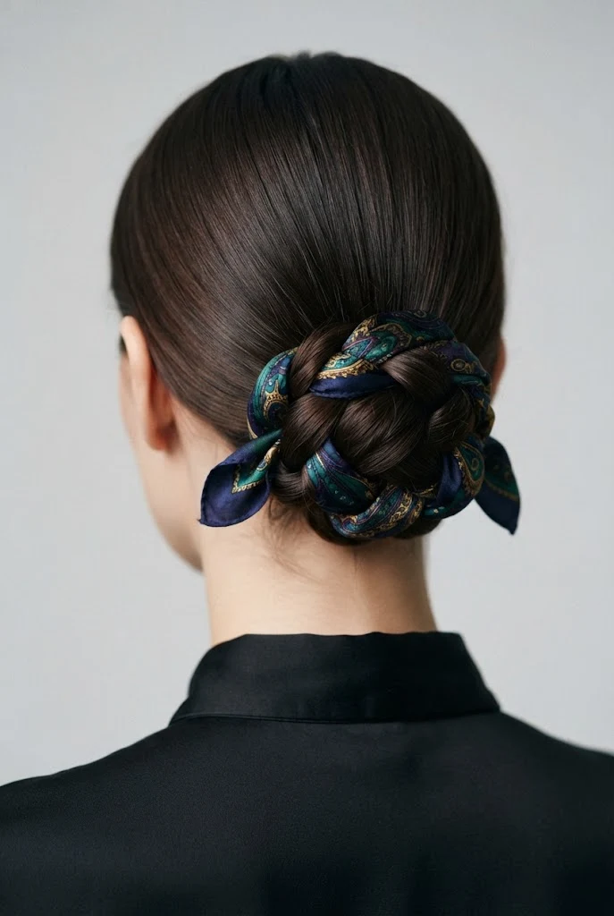 Scarf-Weaved Chignon for Bobs — party updos for short hair style outfit