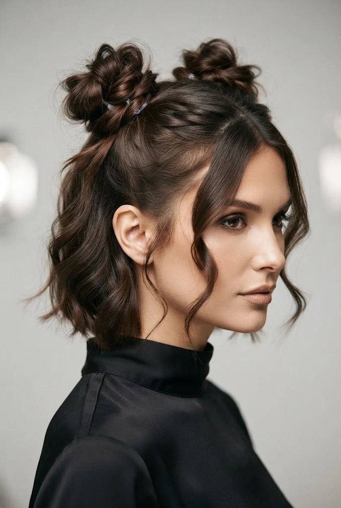 Messy Twisted Half-Up Double Buns — party updos for short hair style outfit