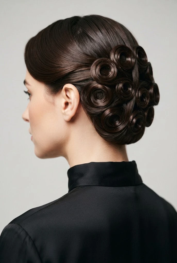 Retro Pin-Curl Updo Pinwheel — party updos for short hair style outfit
