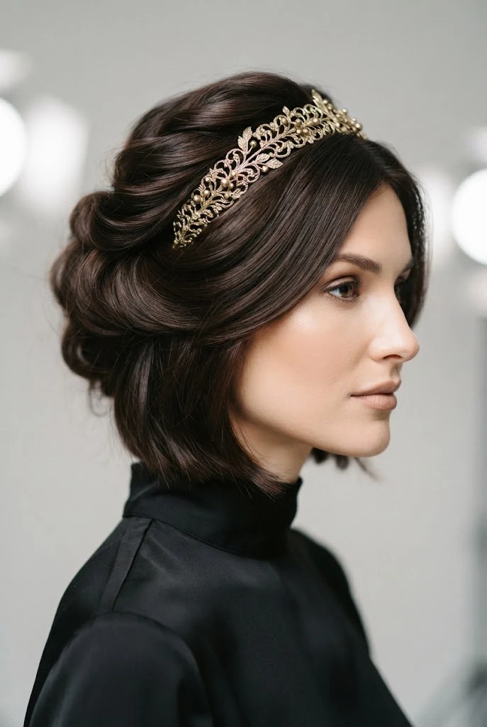 Metallic Headband Crown Tuck — party updos for short hair style outfit
