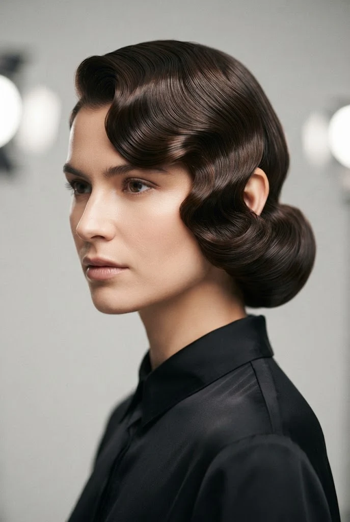 Side-Swept Hollywood Pin-Curl Wave — party updos for short hair style outfit