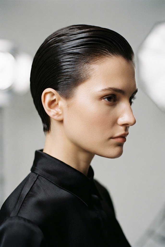 Sleek Wet-Look Slicked Back Crop — party updos for short hair style outfit