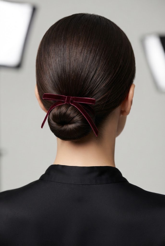 Velvet Ribbon Wrapped Micro Bun — party updos for short hair style outfit