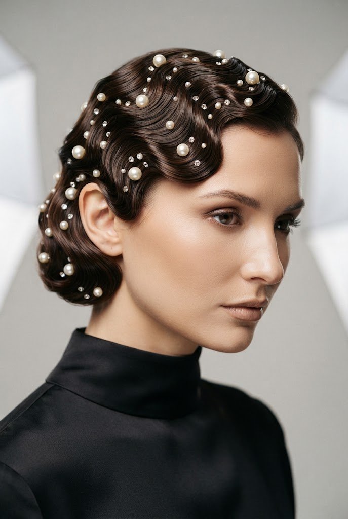 Deco-Glam Pearl Embellished Waves — party updos for short hair style outfit
