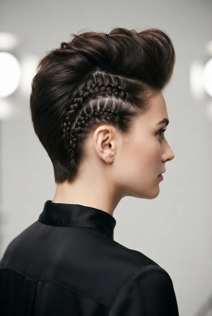 Pinned-Back Quiff with Braided Sides — party updos for short hair style outfit